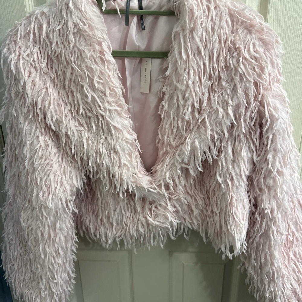 Anthropologie Pink Faux Feather Statement Teddy Jacket Coat Shaggy Fuzzy Cozy - Picture 5 of 8
